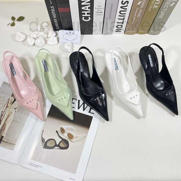 

sandals designer triangle cat heel baotou for women 2023 new pointed mid french back empty single shoes j6t9, Black