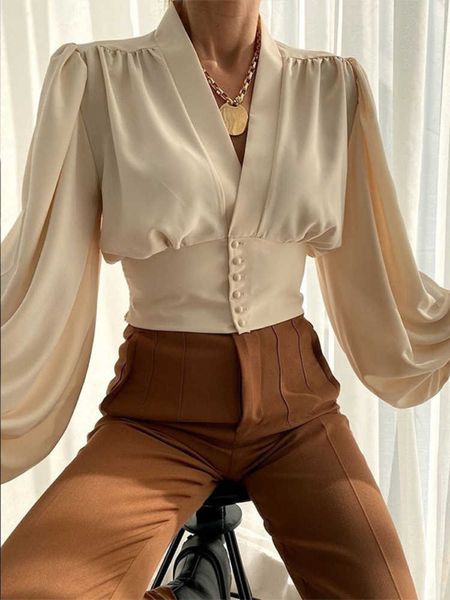 

women's blouses shirts black shirts spring autumn v-neck lantern long sleeve crop elegant short tunic blouse fashion women clothing fem, White