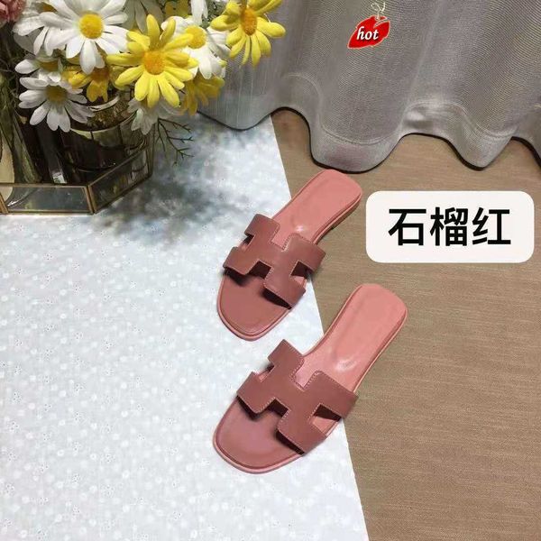 

women oran slipper designer flat sandals leather beach shoes cut-out 2023 versatile red classic h1 real flat heel casual cowhide large mesh