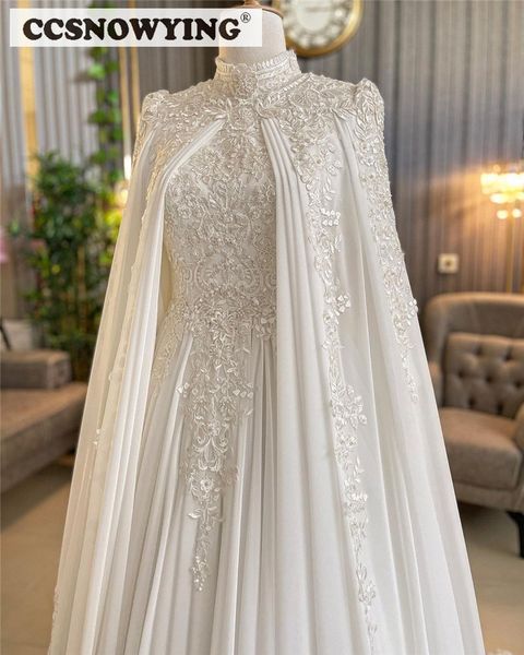 

party dresses chiffon appliques wedding for bride with cape long sleeve high neck islamic bridal gown arabic dubai robe de 230328, White;black