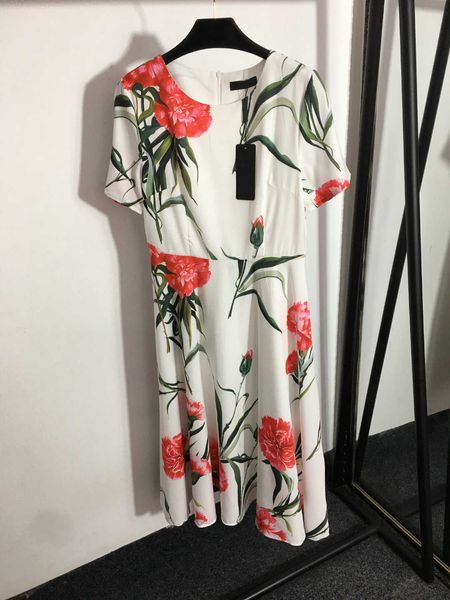 

23ss summer dress maxi dress one piece dress designer clothes women bright red flower print short sleeved dress waist dress women clothes, Black;gray