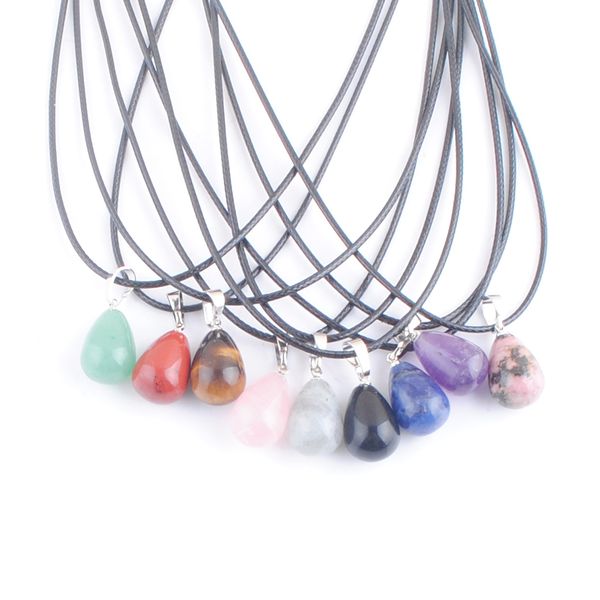 

natural opal amethyst stone pendants necklace heart water drop charm for women exquisite clavicle fashion jewelry leather chain random mixed, Silver