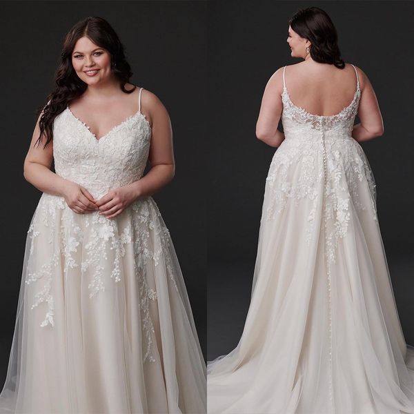 

elegant a-line wedding dresses spaghetti sleeveless lace applicants on tulle court gown custom made zipper plus size bridal dress vestidos d, White