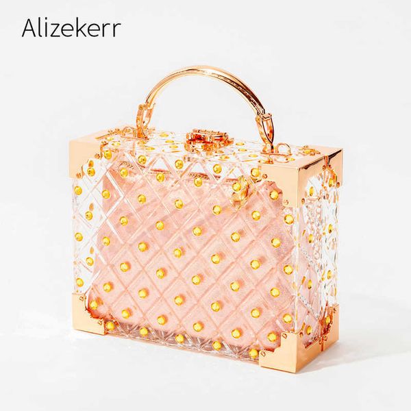 

evening bag metal handle bright acrylic box bags for women rivet plaid wedd
