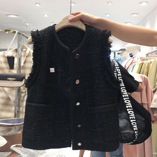 

women's vests autumn all-matching slim fit solid color vest tweed waistcoat jacket vest women's fashion spring cardigan outerwear, Black;white