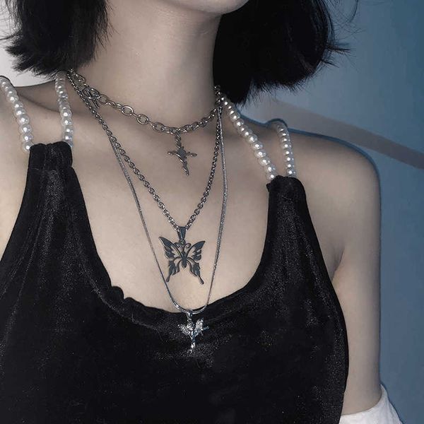 

pendant necklaces 2020 new 3pcs three layer hip hop cross angel pendant metal chain necklace for women punk cool guy jewelry p230327, Silver