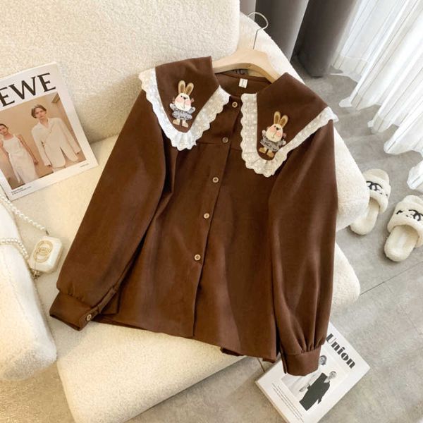 

women's blouses shirts jmprs 2023 spring chic rabbit patch designs shirts women kaii peter pan collar shirt girls fashion long sleeve, White