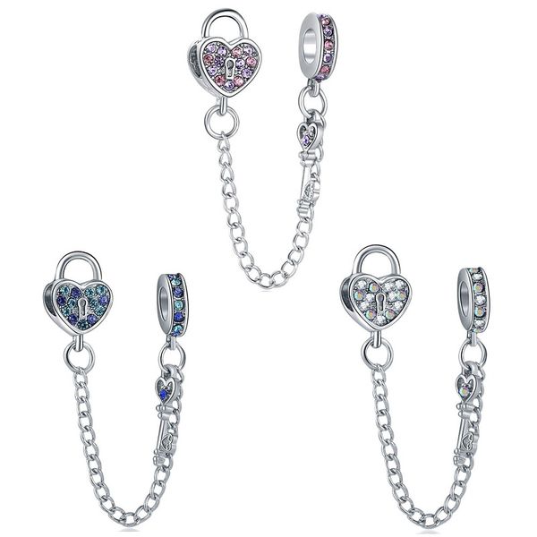 

silver sparkling clear sparkle purple blue white crystal heart safety chain charm bead fit original pandora 925 bracelet pendant diy jewelry, Black