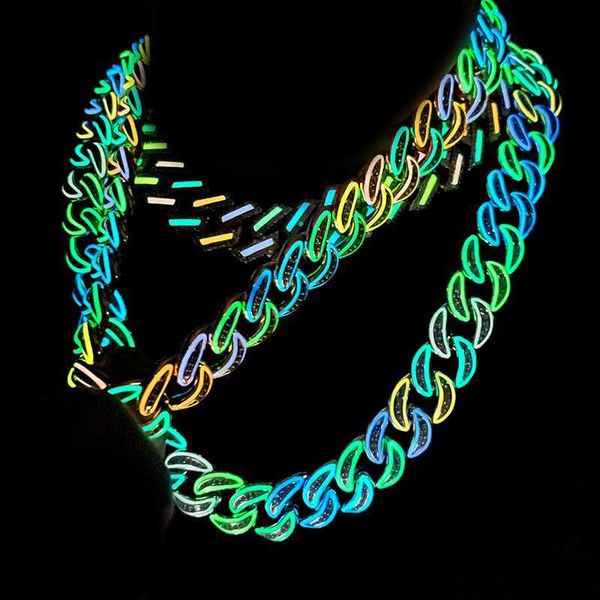 

hip hop rapper's party jewelry 18mm gold plated brass 5a cz diamond glow in the dark iced out miami cuban link chain necklace, Silver