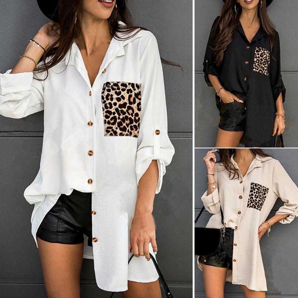 

women's blouses shirts turn-down collar single-breasted roll-up sleeve mid-length women shirt women leopard print pocket casual loose c, White