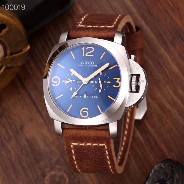 

men automatic mechanical blue leather luminous watch 01 0, Slivery;brown