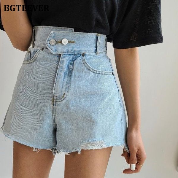 

women's shorts bgteever high waist double button jeans shorts for women summer chic ripped edge female denim shorts casual bottoms 2303, White;black