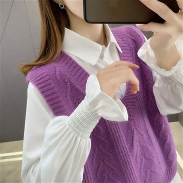

women's vests korean women solid sweater vests v-neck twist knitting elegant tender crop preppy style sweet teens retro jumpers 230328, Black;white