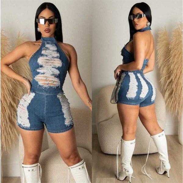 

2023 summer new women clothing jumpsuits slim fit broken hole open back wash denim elastic jumpsuit female, Black;white