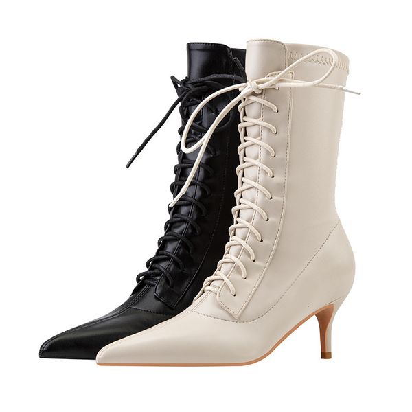 

boots luxury brand women's boots fashion lace-up pointed thin heels boots female elastic boots plus size 43 ankle boots women 230327, Black