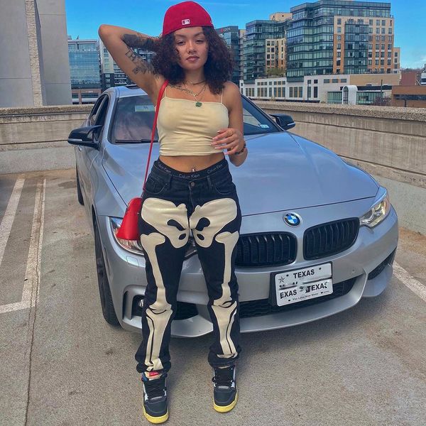 

skeleton patterned low rise jeans streetwear women black denim trousers cyber y2k goth pants fall, Blue