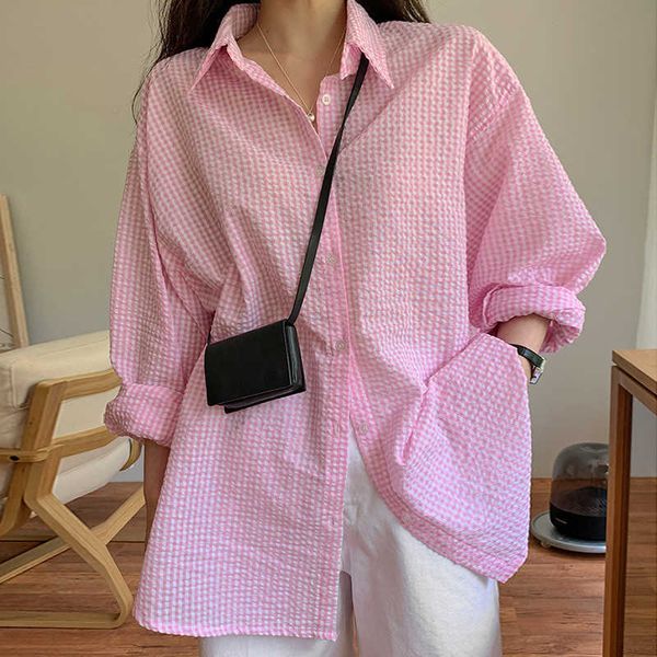 

women's blouses shirts spring summer fashion female long sleeve loose plaid blouse women casual shirts oversize foam sun protection sh, White