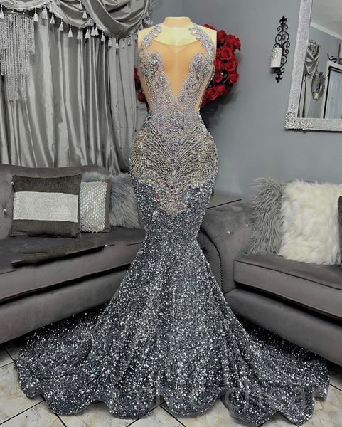 

2023 arabic aso ebi silver mermaid prom dress beaded crystals evening formal party second reception birthday engagement dresses gowns robe d, Black