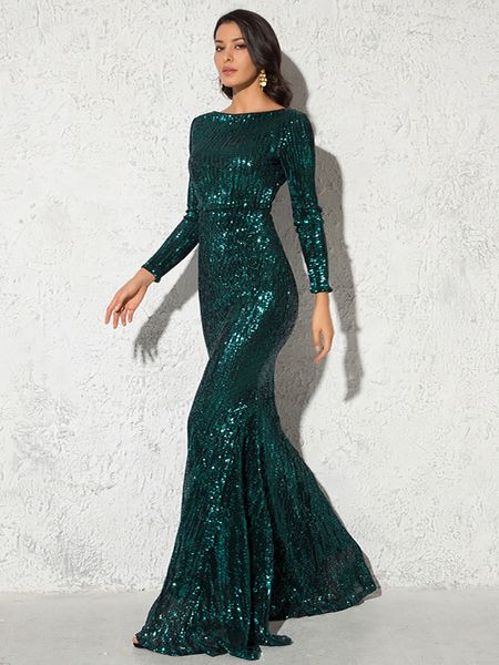 

party dresses modest green long sleeve mermaid sequin evening gown burgundy o neck stretch wedding formal maxi dress winter women 230328, White;black