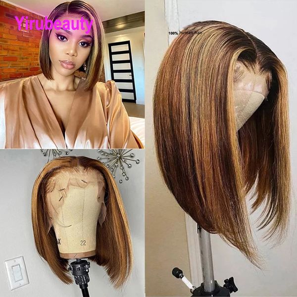 

p4/27 indian human hair 13x4 lace front bob wig straight 10-16inch piano color middle part, Black