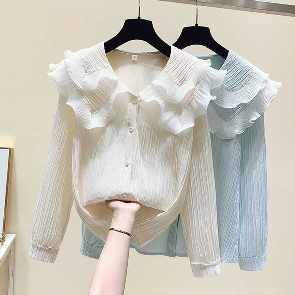 

women's blouses shirts luxury brand big peter pan collar ruffle womens blouse long sleeve cotton casual femme 2022 spring summer frill, White