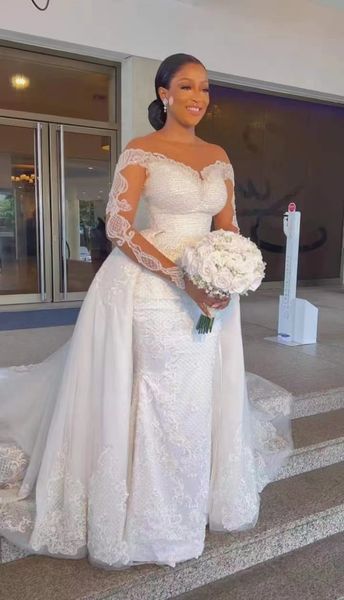 

2023 luxurys mermaid wedding dresses elegant pearls beaded vintage boho bridal sweep train vestidos de novia saudi arabia ivory satin ruffle, White