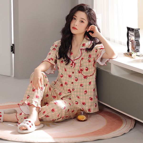 

women's sleepwear short sleeved long pants pajamas sets summer cotton women sweet strawberry print pyjamas sleepwear loungewear femme, Black;red