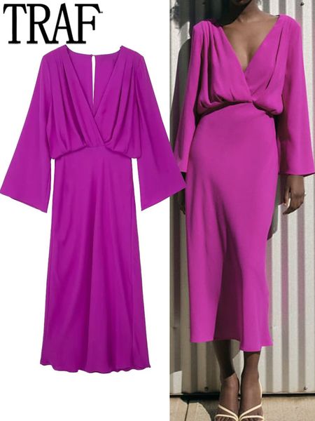 

casual dresses traf purple long dress women wrap satin midi dress woman long sleeve elegant party dresses for women evening dresses 230327, Black;gray