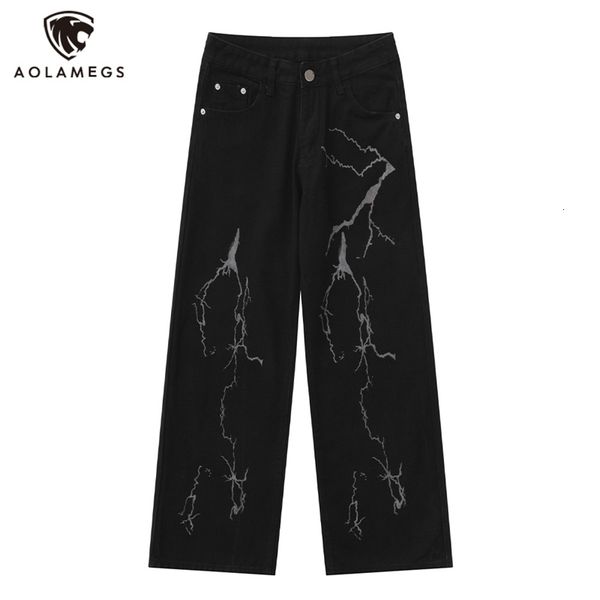 

mens jeans streetwear oversized lightning graphic denim pants summer high street solid color trousers casual daily style 230327, Blue