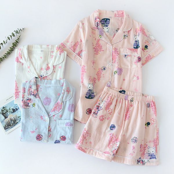 

women's sleepwear summer shorts pajamas sets women 100% gauze cotton japanese fresh sweet short sleeves shorts sleepwear women 230328, Black;red