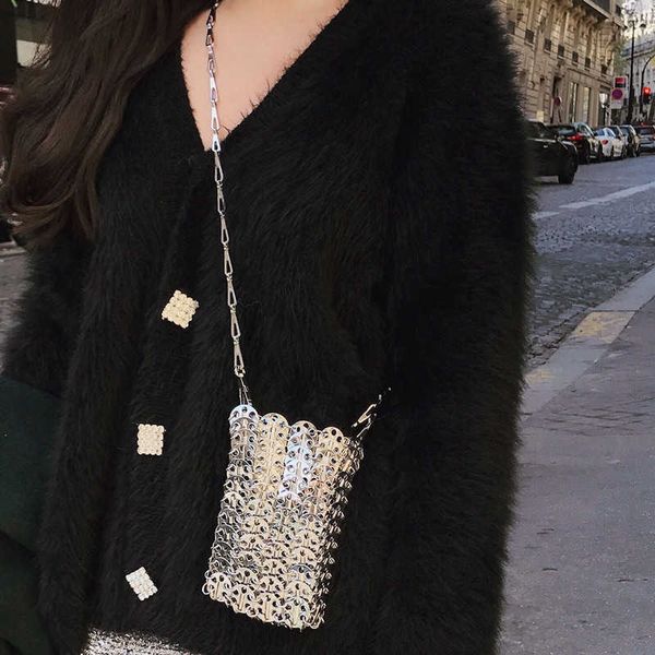 

luxury designer women bags pure metal sequins chain woven bag hollow evening bags clutch female travel holiday shoulder bag 230328