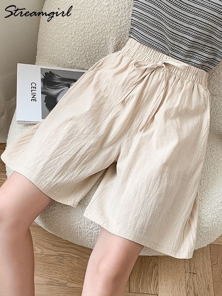 

women's shorts knee length cotton linen shorts women summer elastic waist basic short pants linen loose women's bermuda shorts for, White;black
