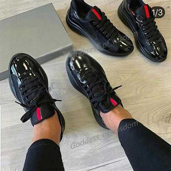 

2021 men fashion casual shoes america's cup design sneakers patent leather and nylon luxy mens shoe, Black