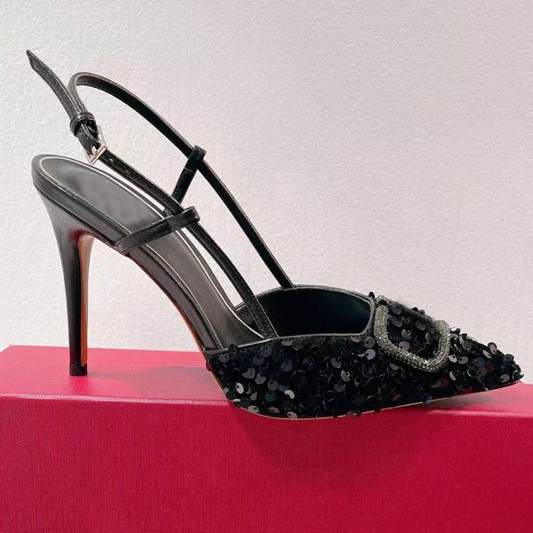

sequins decorative sandals designer high heel dress shoes women summer ankle strap buckle pointed toe wrap 9.5cm party fashion elegant weddi, Black