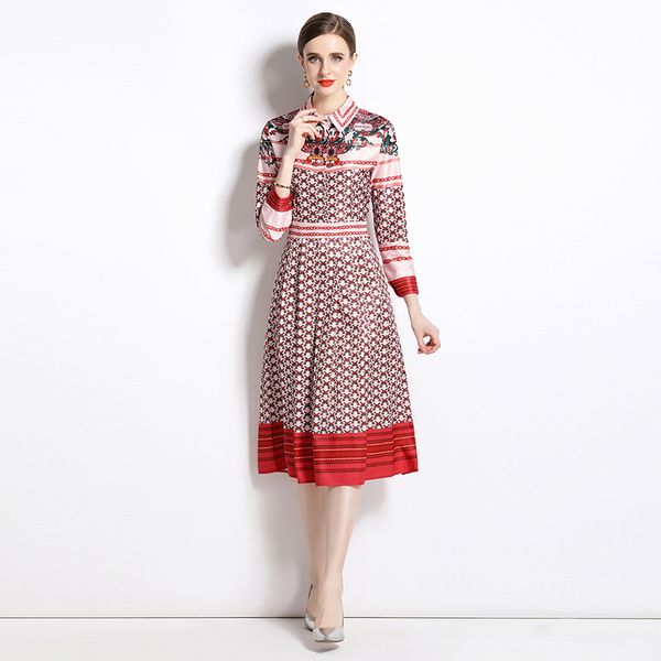 

2023 stylish women floral midi dress long sleeve vintage printed button shirt collar casual office dress spring summer designer elegant a li, Black;gray