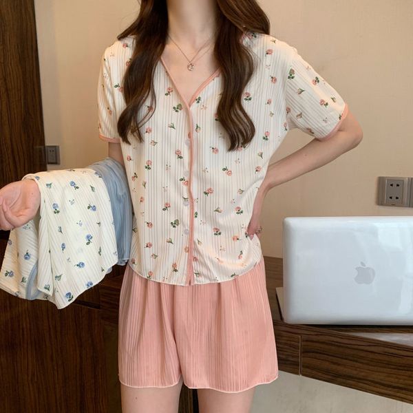 

women's sleepwear sweet pajama sets women short sleeve floral crop loose cozy shorts lovely girls sleepwear trendy teenagers lounge fem, Black;red