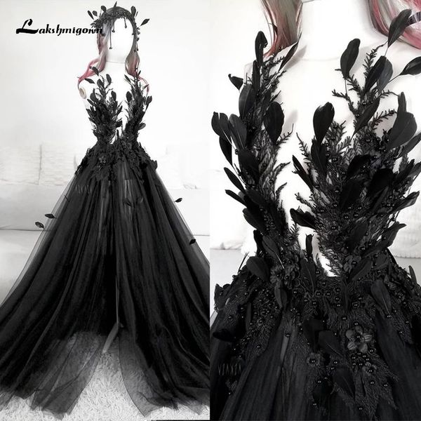 

party dresses gothic black aline wedding 2023 high side split with feather vintage backless bridal gowns tulle vestidos de novia robe 230328, White;black