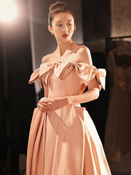 

pink princess bridesmaid dresses satin off shoulder boat neck bow sleeveless a line bridal toast party long evening prom gowns, White;pink