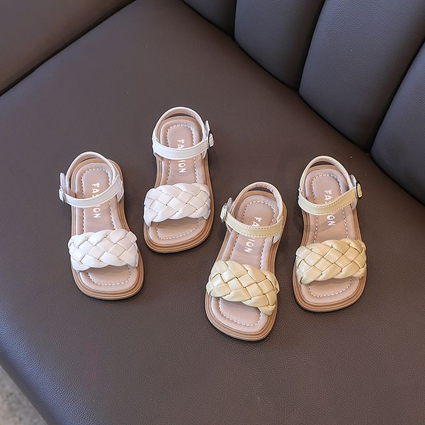 

slipper toddler shoes girl summer braided vacation square toe cute children sandals beige yellow 2136 pu leather fashion kids sliders 230328, Black;grey