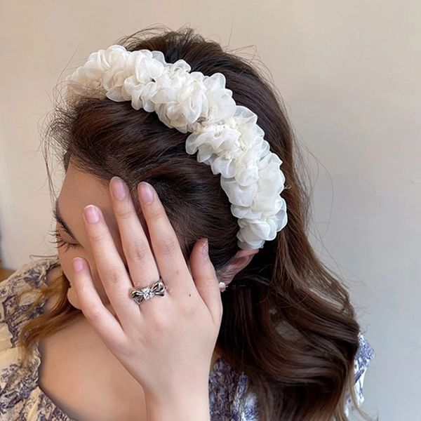 

korean new fashion women headband solid color pleated hairband side mesh organza ruffle headwear casual turban hair accessories, Silver
