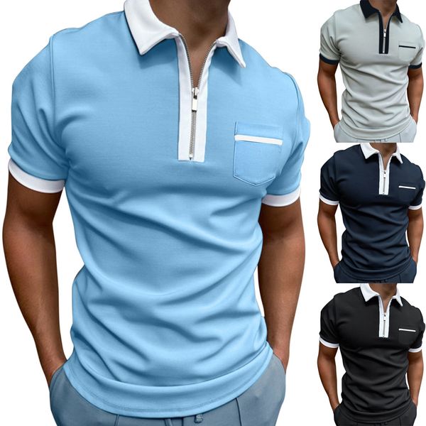

mens polos male summer solid print polo shirts zipper turn down collar short sleeve casual shirt man clothing 230328, White;black