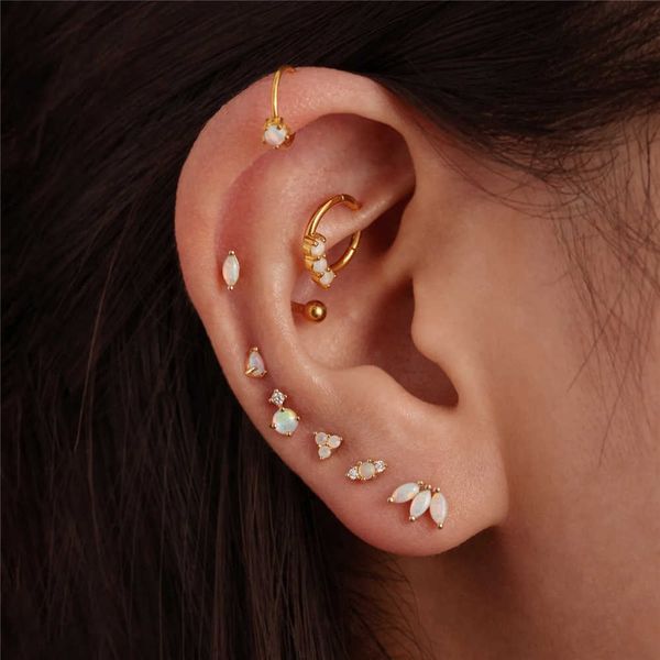 

charm canner 2 pcs gold color piercing cartilage 925 sterling silver stud earrings for women opal flat back earring wedding jewelry aa230327, Golden