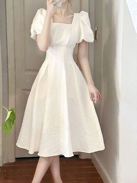 

casual dresses preppy style sweet dress women spring summer korean fashion puff sleeve square collar a-line solid dresses vestidos de mujer, Black;gray