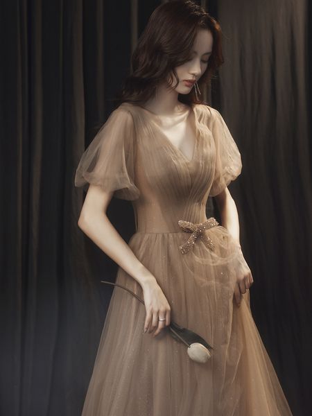 

lantern sleeve bridesmaid dress brown slim formal v neck bow waist retro bandage a line female prom banquet celebrity gown, White;pink