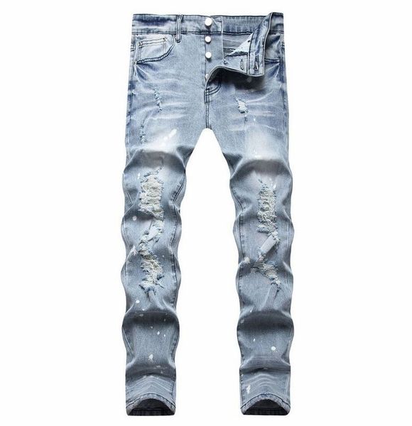 

men's jeans elastic slim fit feet pants light blue hole fashion men's long pants gzh8shx821