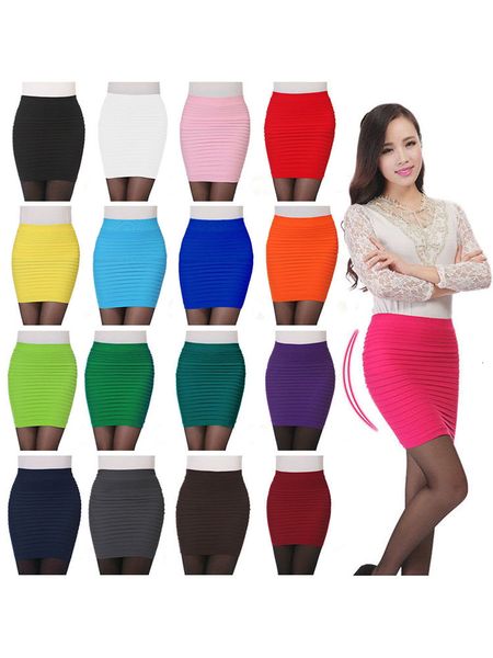 

skirts summer women high waist solid color elastic pleated for office lady draped slim mini pencil 230327, Black