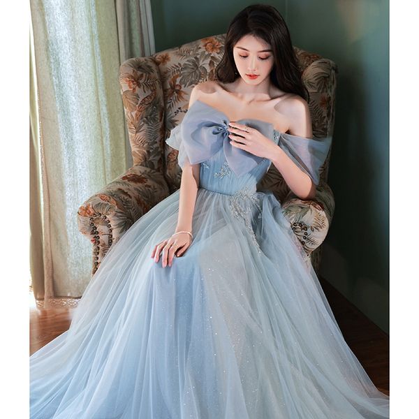 

blue evening dresses classic off shoulder beading applique shining elegant long big bow tulle birthday party bridesmaid gowns, White;pink