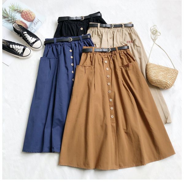 

skirts peonfly autumn korean casual cotton midi long women button pocket belt a line high waist mid length female 230328, Black