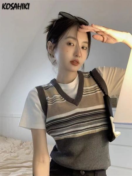 

women's vests kosahiki sleeveless sweater vest casual vintage v-neck pullovers y2k women streetwear korean fashion knitwear sweaters wa, Black;white