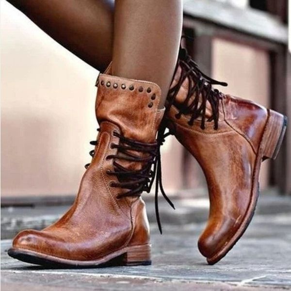 

boots autumn and winter women's boots low-heeled fang he rivet mid-barrel knight boots large size 230327, Black